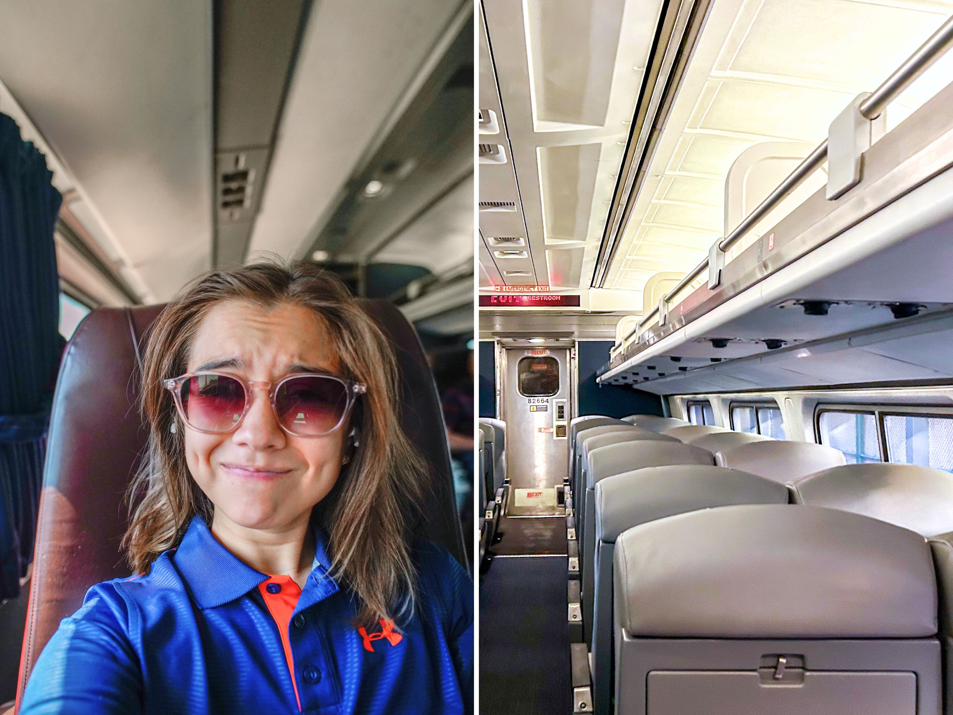 A composite image of the author sitting a business-class seat and a row of empty coach seats on Amtrak trains