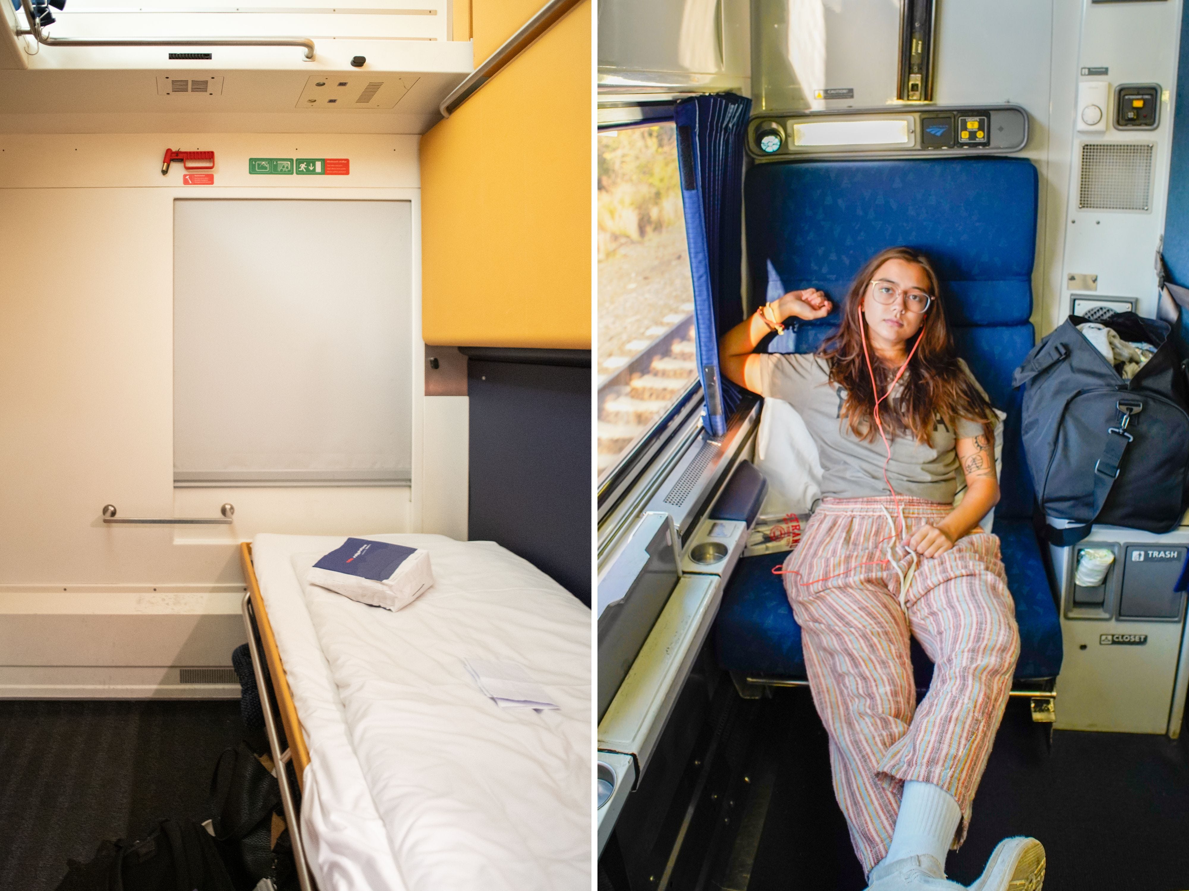 A composite image of a plain train cabin with white walls and a white bed, and the author sitting in a blue seat in an Amtrak roomette with a window on the left.