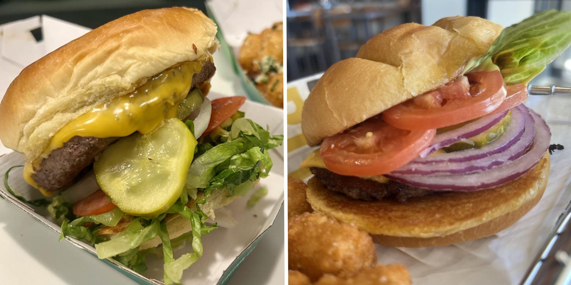 A side-by-side of burgers from Wahlburgers and Smashburger.