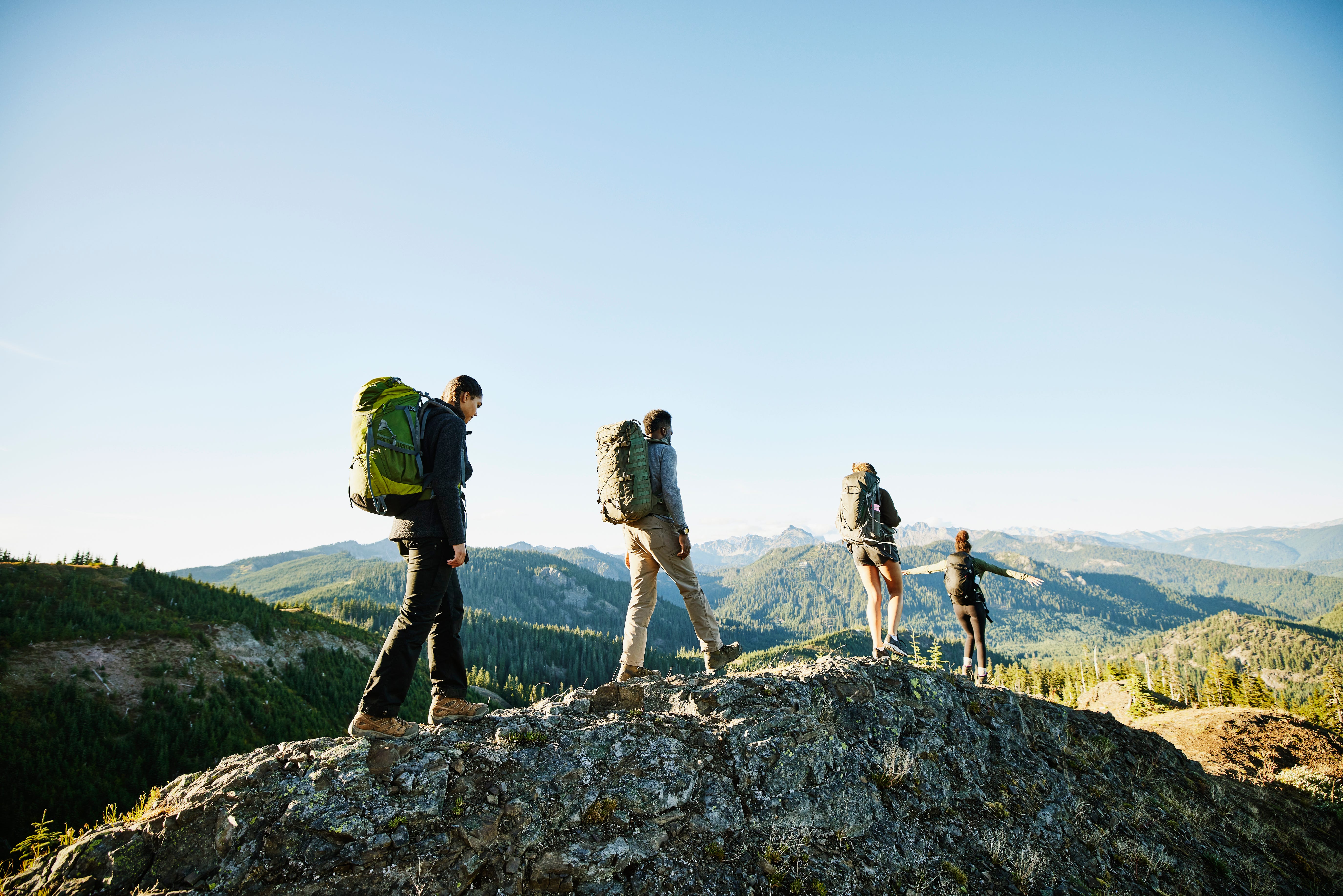 A family hikes together.