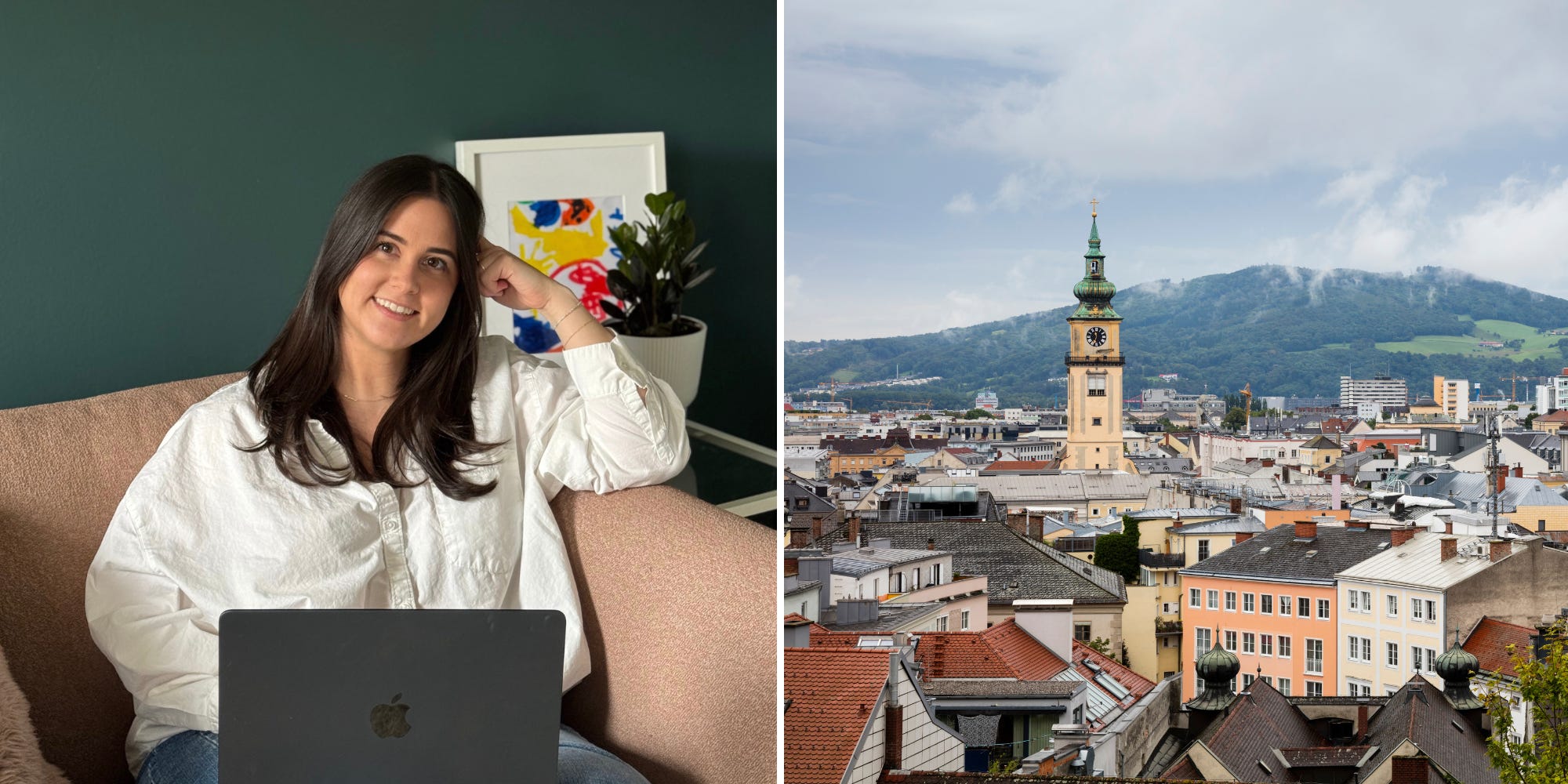 Left: Meghan Gezo in her home office in Michigan; Right: A view of the buildings in Linz, Austria