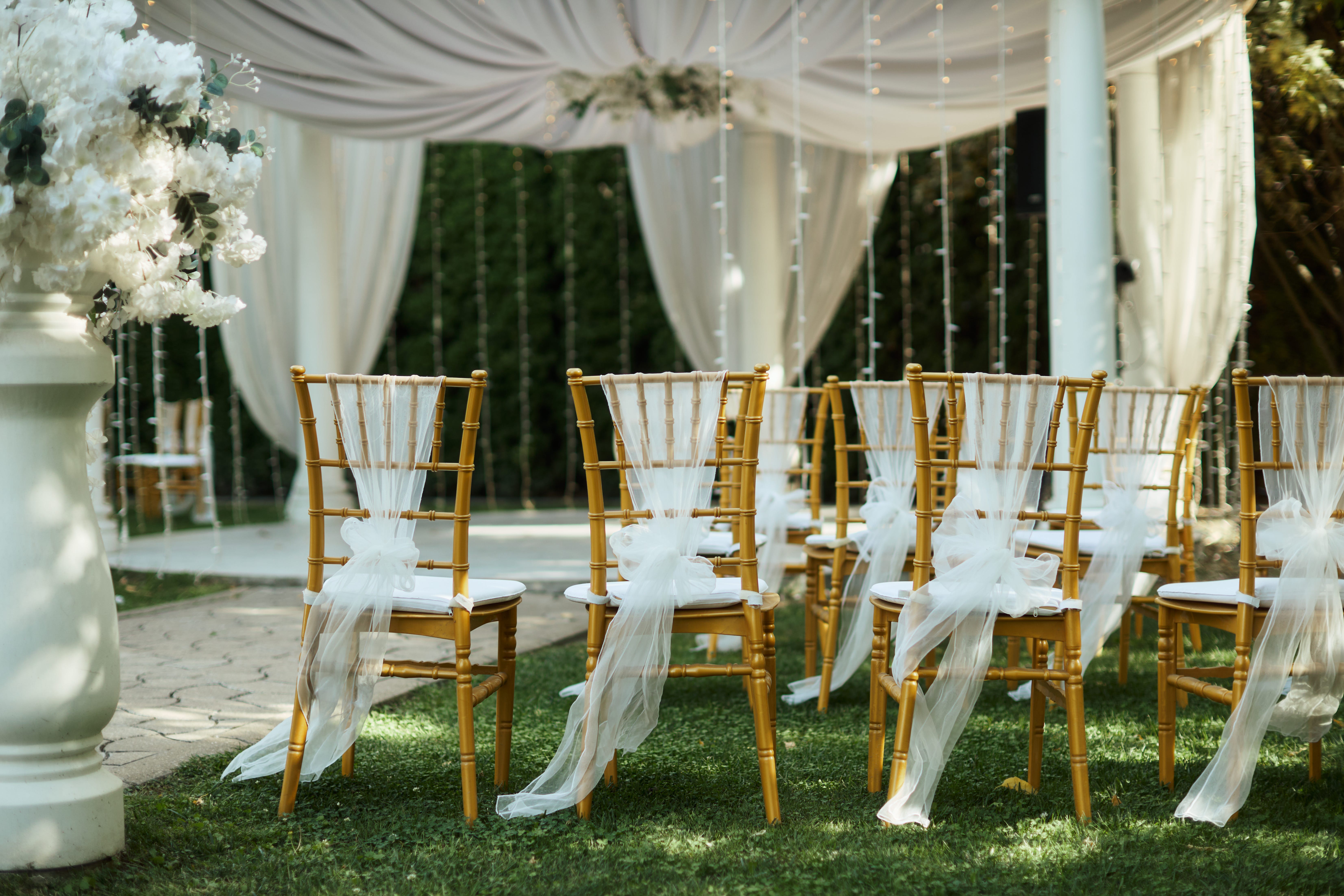 Golden chairs with white tulle set up for wedding