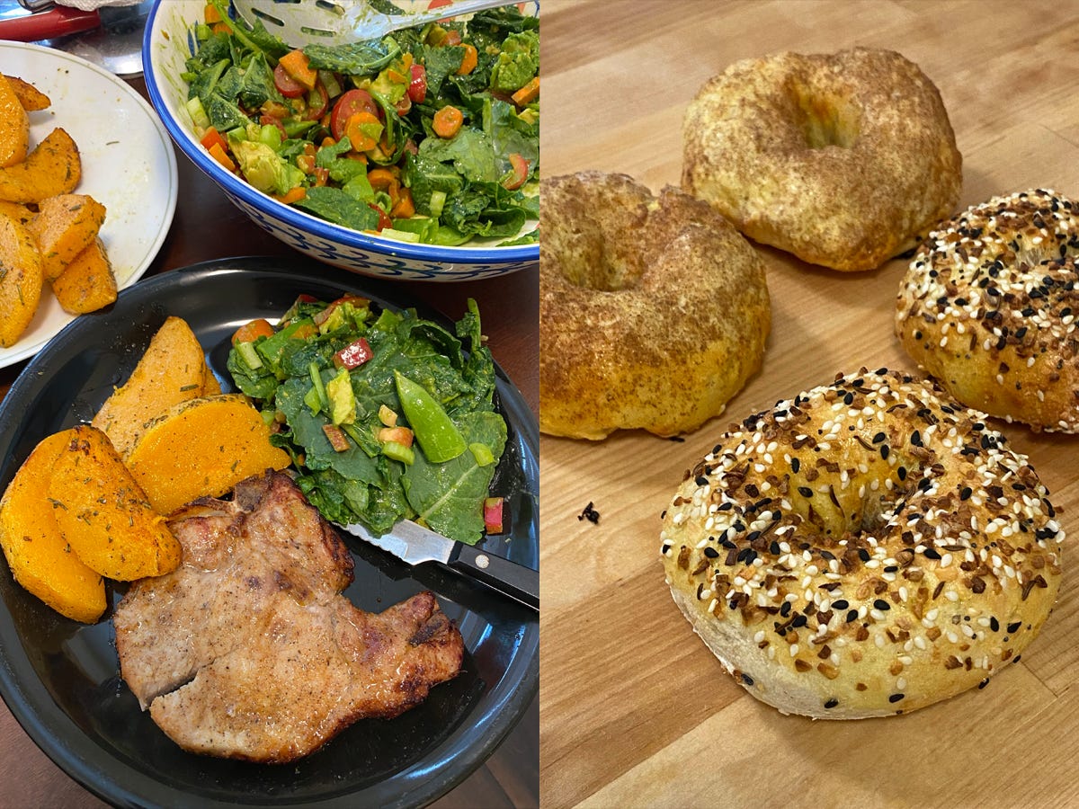 A photo of squash, pork, and salad on a plate next to a photo of homemade everything bagels on wood