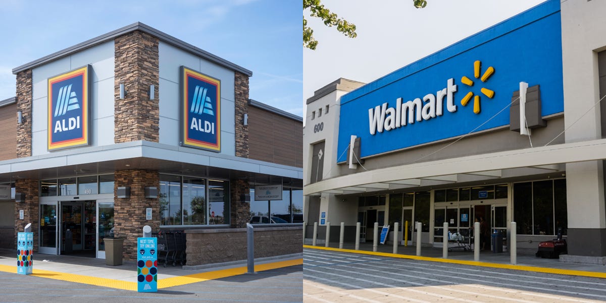 A composite image of the exterior of an Aldi and the exterior of a Walmart.