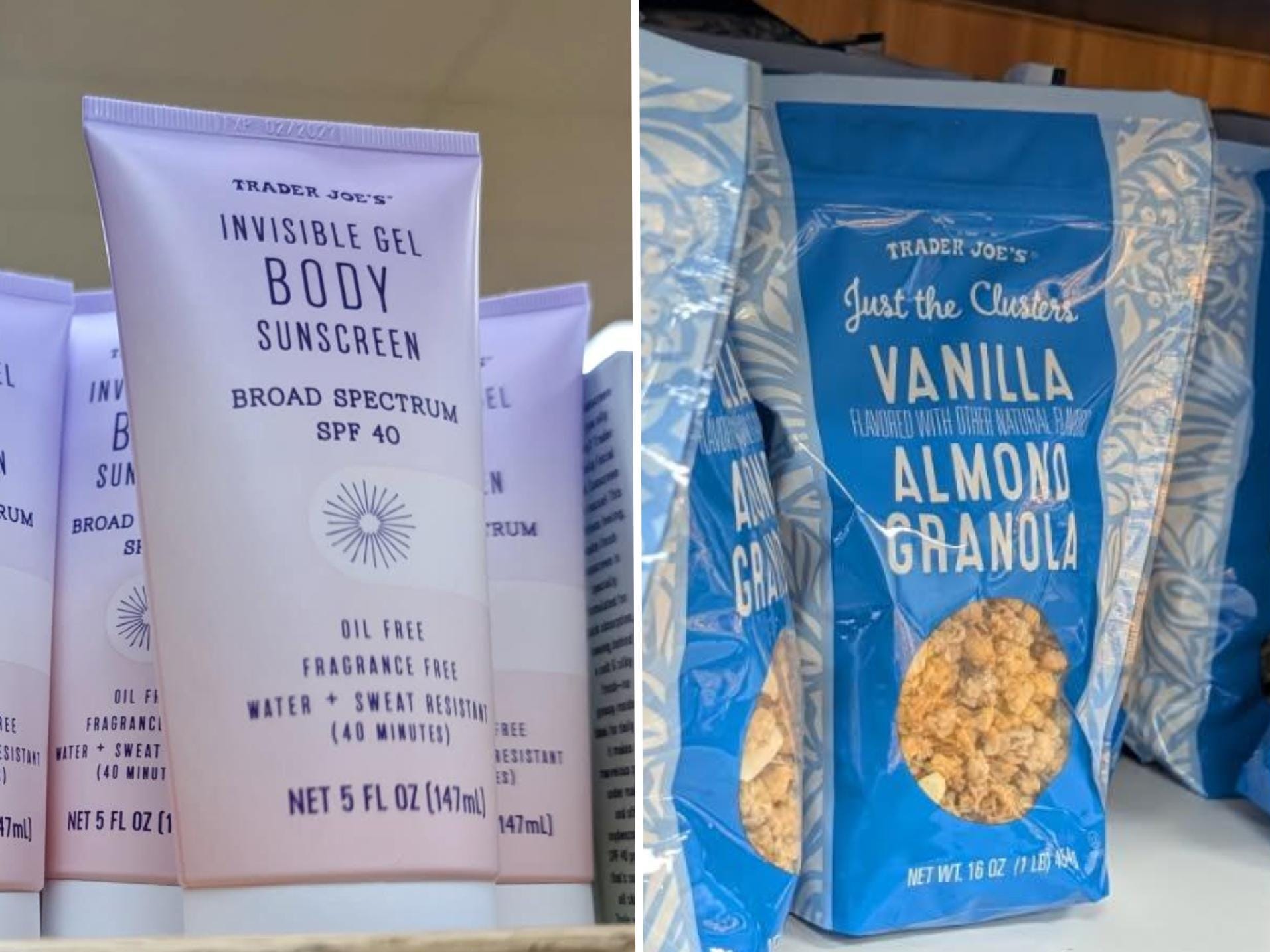 On the left, invisible gel sunscreen on display at Trader Joe's. On the right, Just the Clusters granola on display at Trader Joe's.
