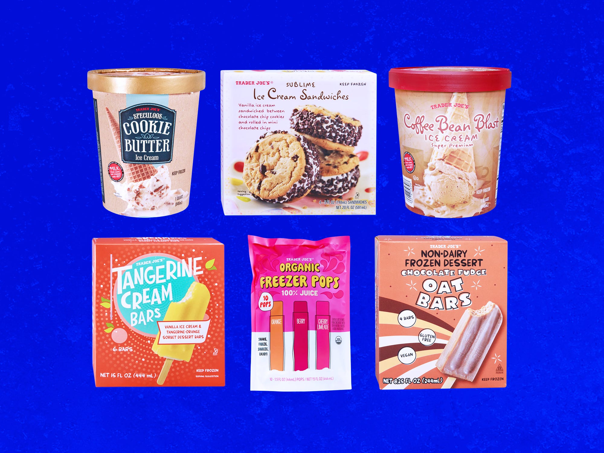 A grid of Trader Joe's frozen desserts