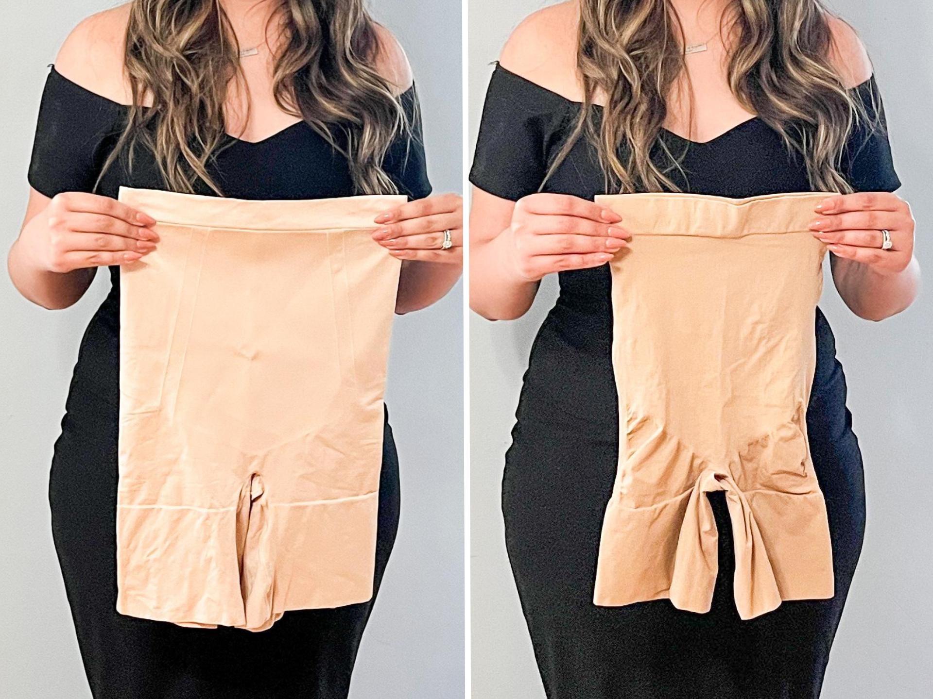 A composite image of Stephanie in a black dress, holding up two different brands of nude shapewear.