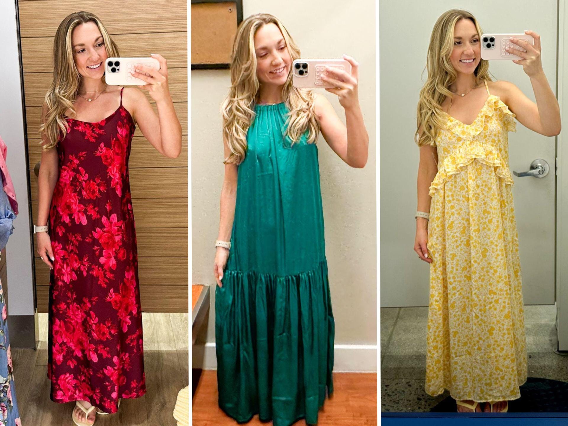 Chloe wearing a red floral dress, a green halter dress, and a yellow floral dress.