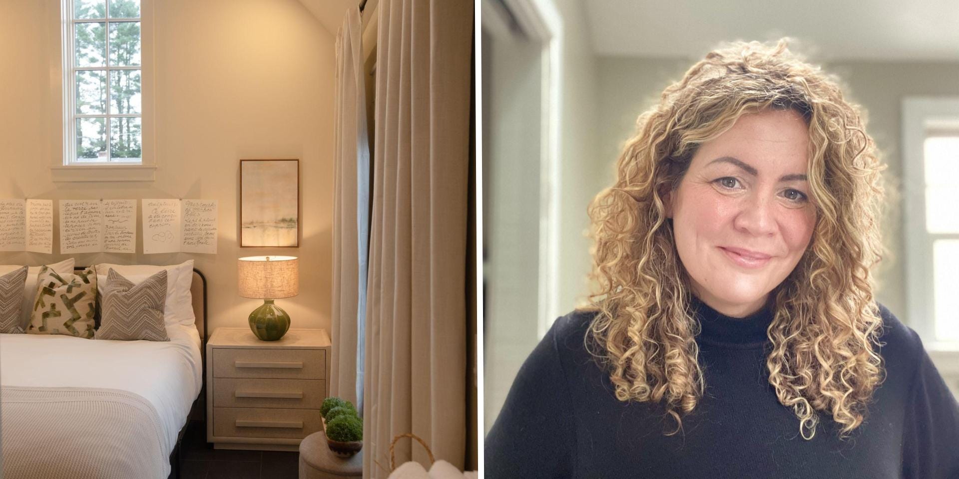A bedroom on the left, and a portrait of a woman on the right.