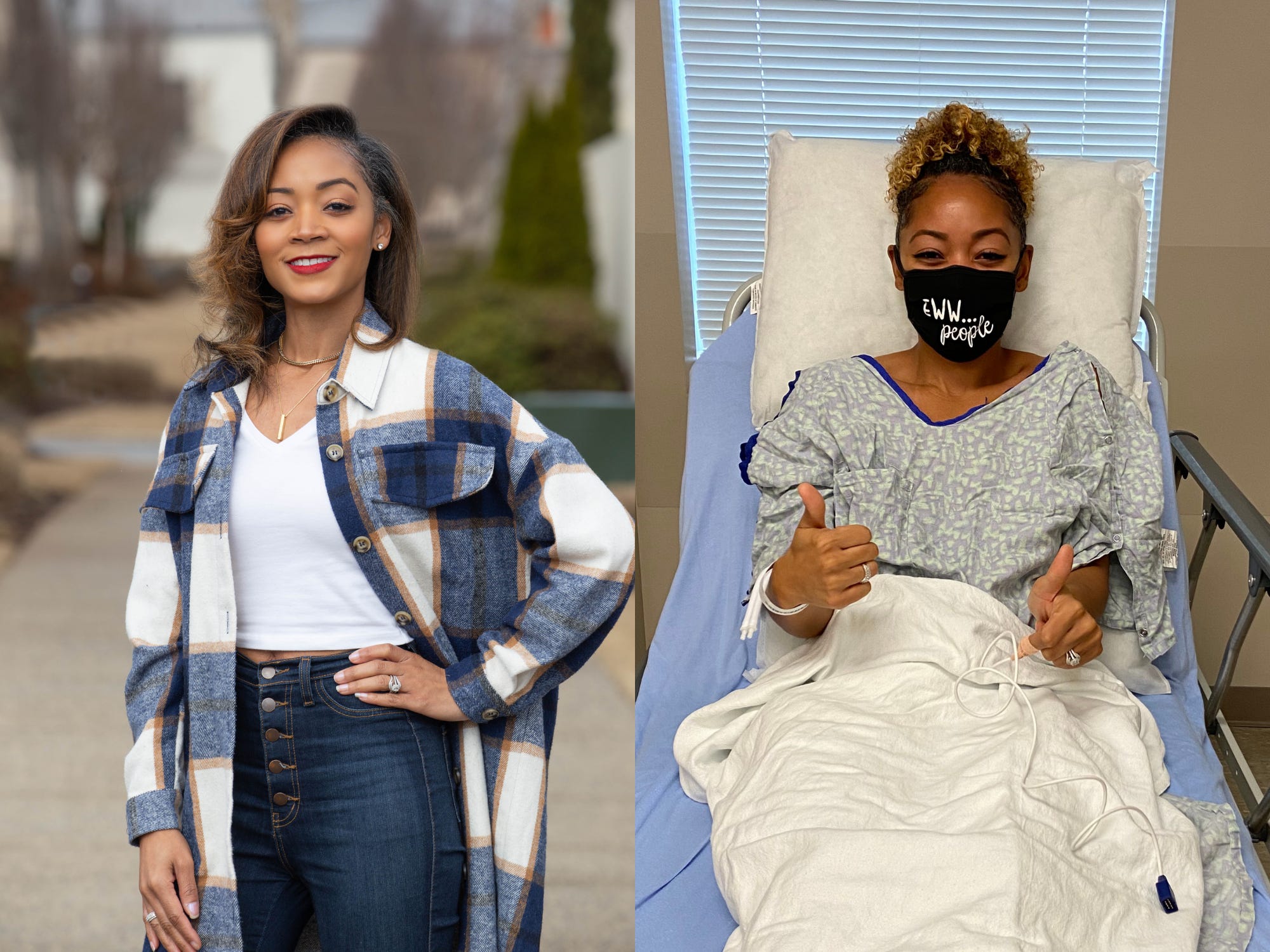 A composite image of Jenna Scott in a flannel shirt, and in a hospital bed