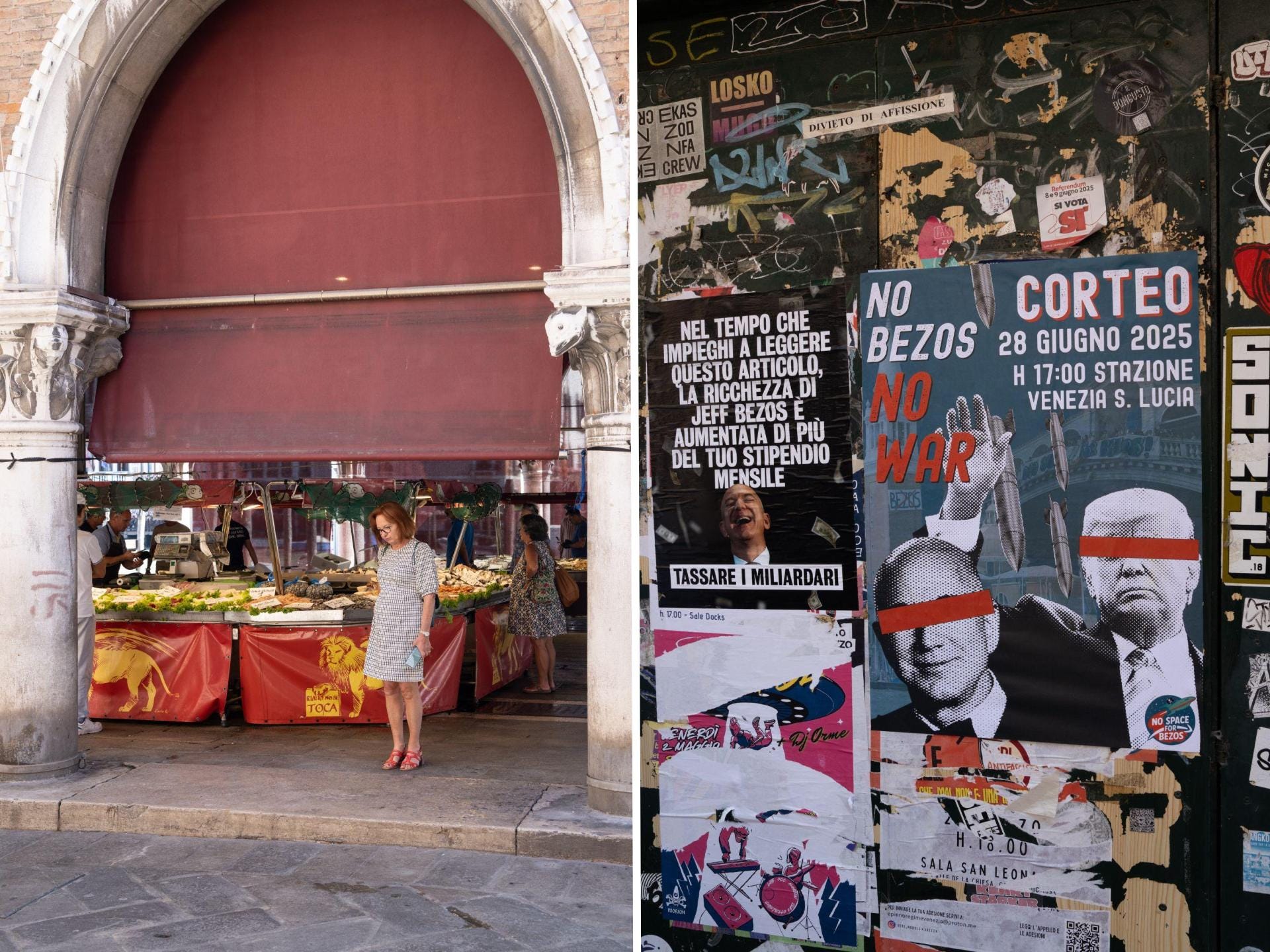 L: Rialto Market; R: A poster protesting Bezos in Venice