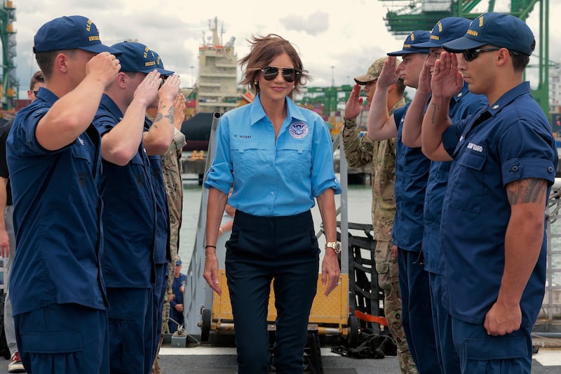 PANAMA CITY, PANAMA - JUNE 24: U.S. Homeland Security Secretary Kristi Noem boards the U.S. Coast Guard Cutter Escanaba for a meeting on drug interdiction on June 24, 2025 in Panama City, Panama. Noem is traveling to several Central American countries where she will meet with political leaders and to learn about immigration programs and facilities backed by the U.S. Department of Homeland Security in the region. (Photo by Anna Moneymaker/Getty Images)