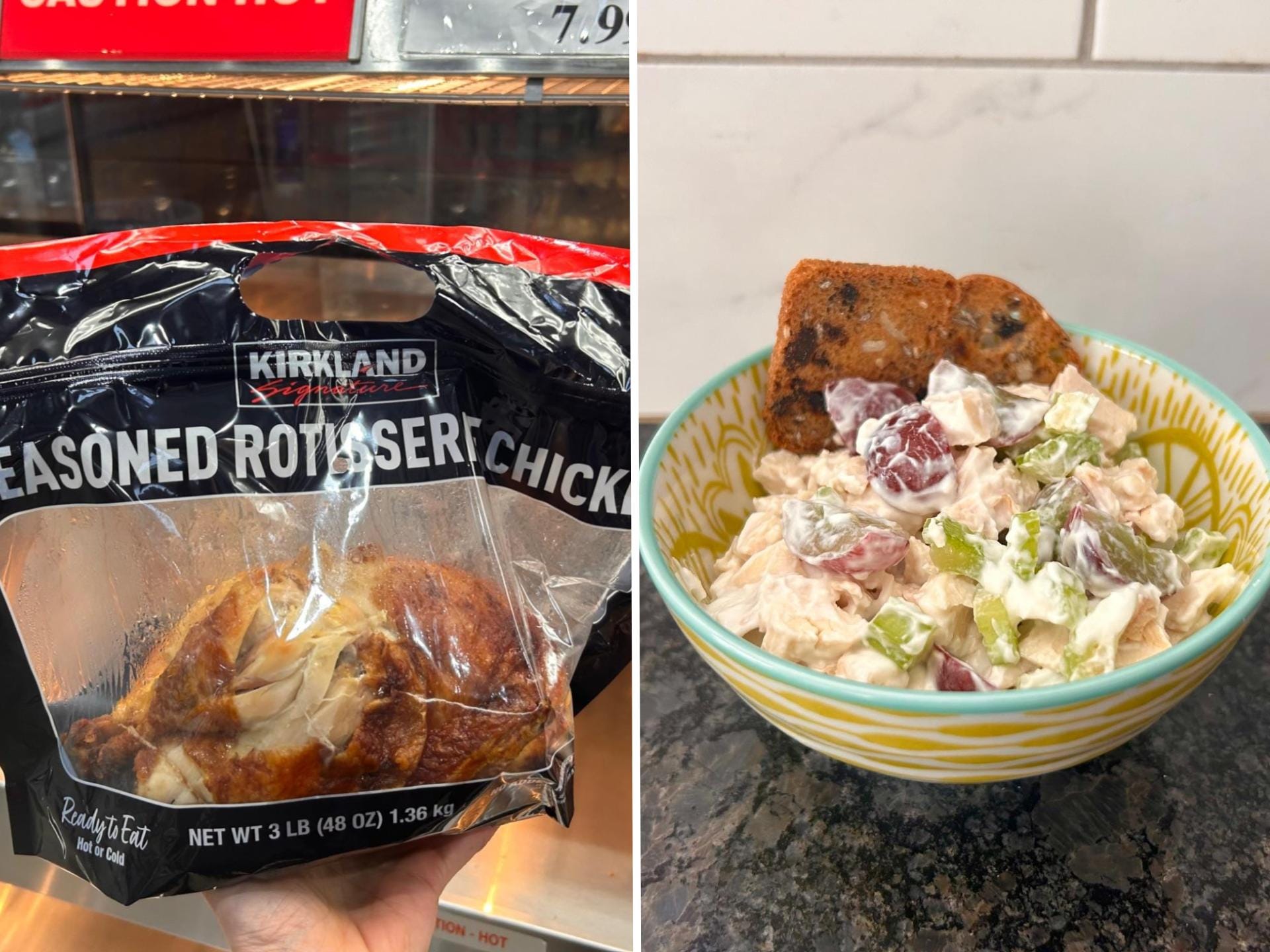 On the left, a hand holding a bag of Costco rotisserie chicken. On the right, a bowl of Waldorf salad on a countertop.