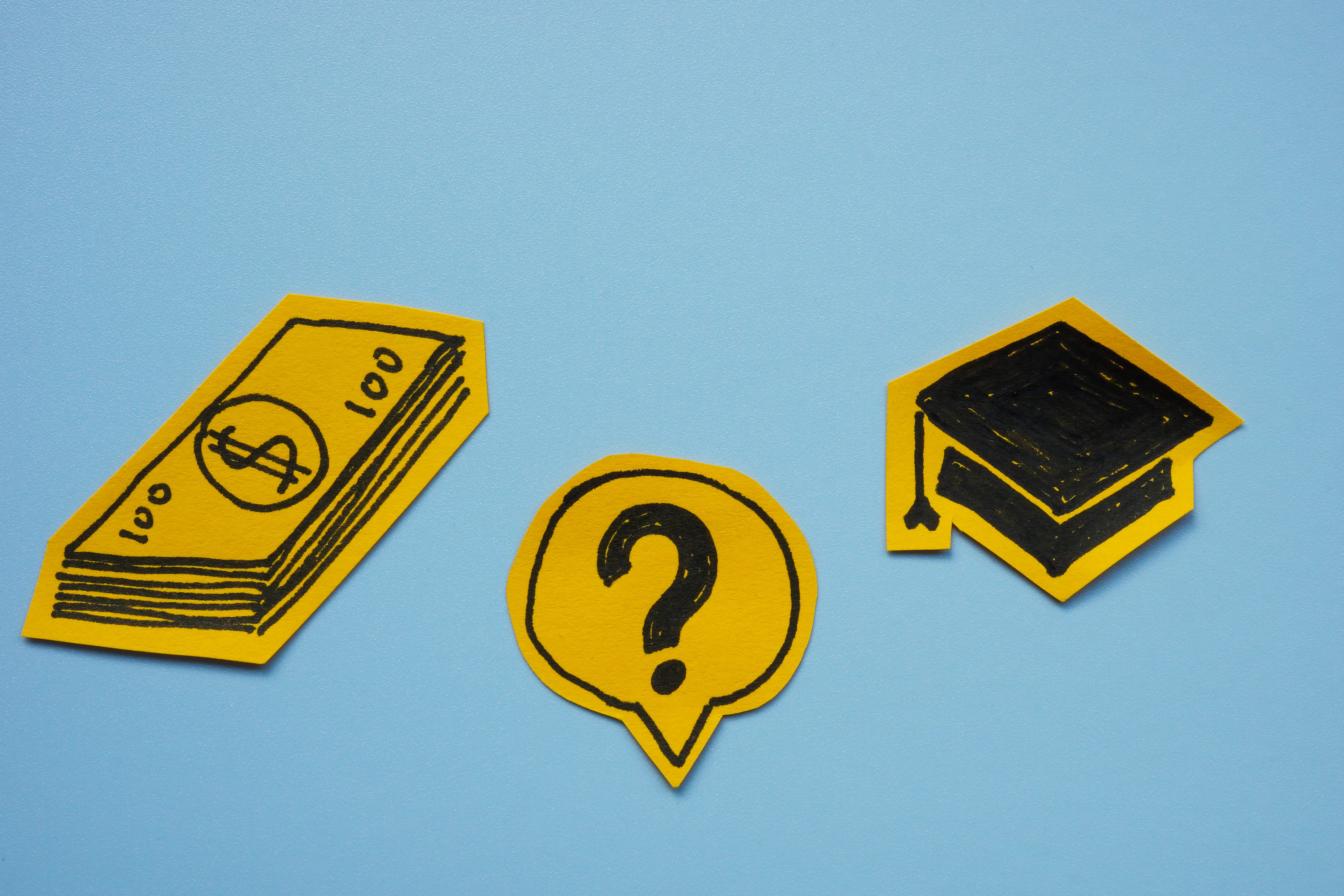 illustrations of a stack of money and a graduation hat