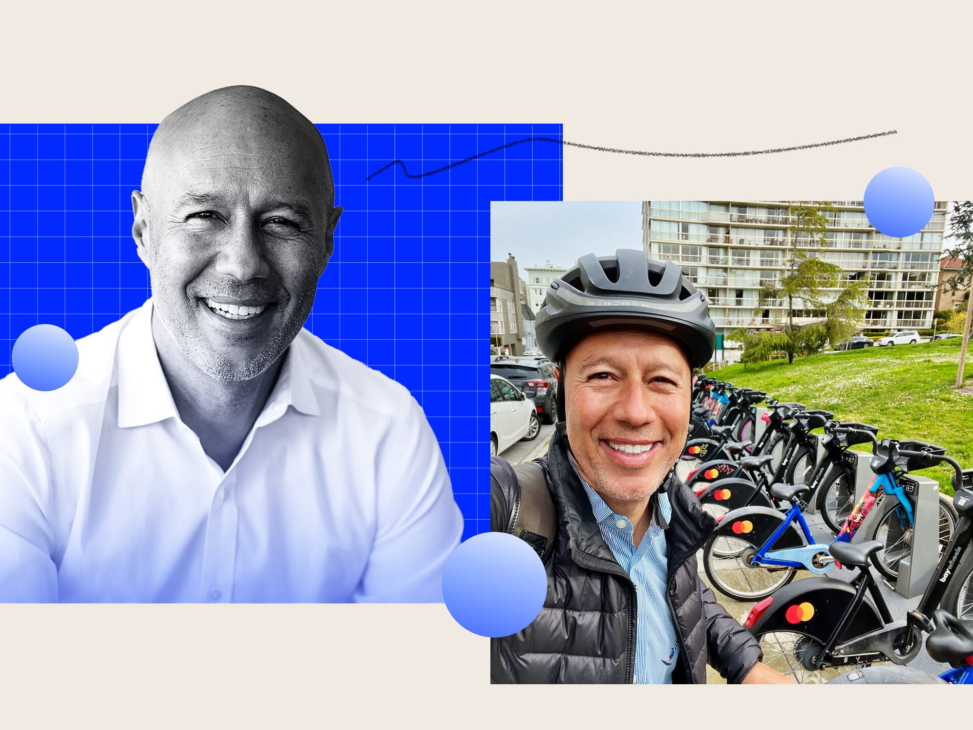 Headshot of Lyft CEO on a blue grid background and a photo of him on a Lyft bike next to his headshot