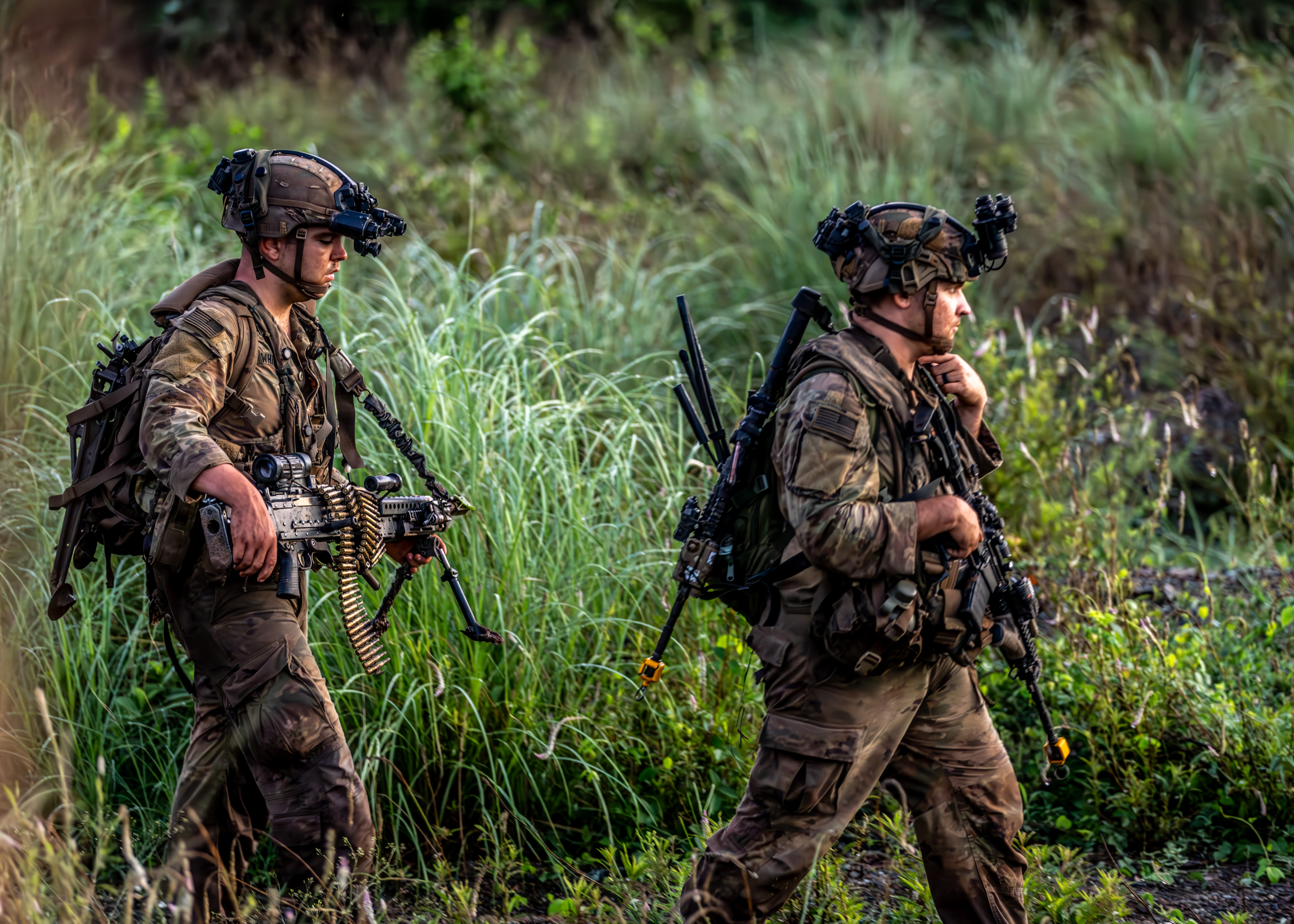 Two soldiers wearing camouflage walk to the right of the picture. There are various green grasses and vegetation behind them.