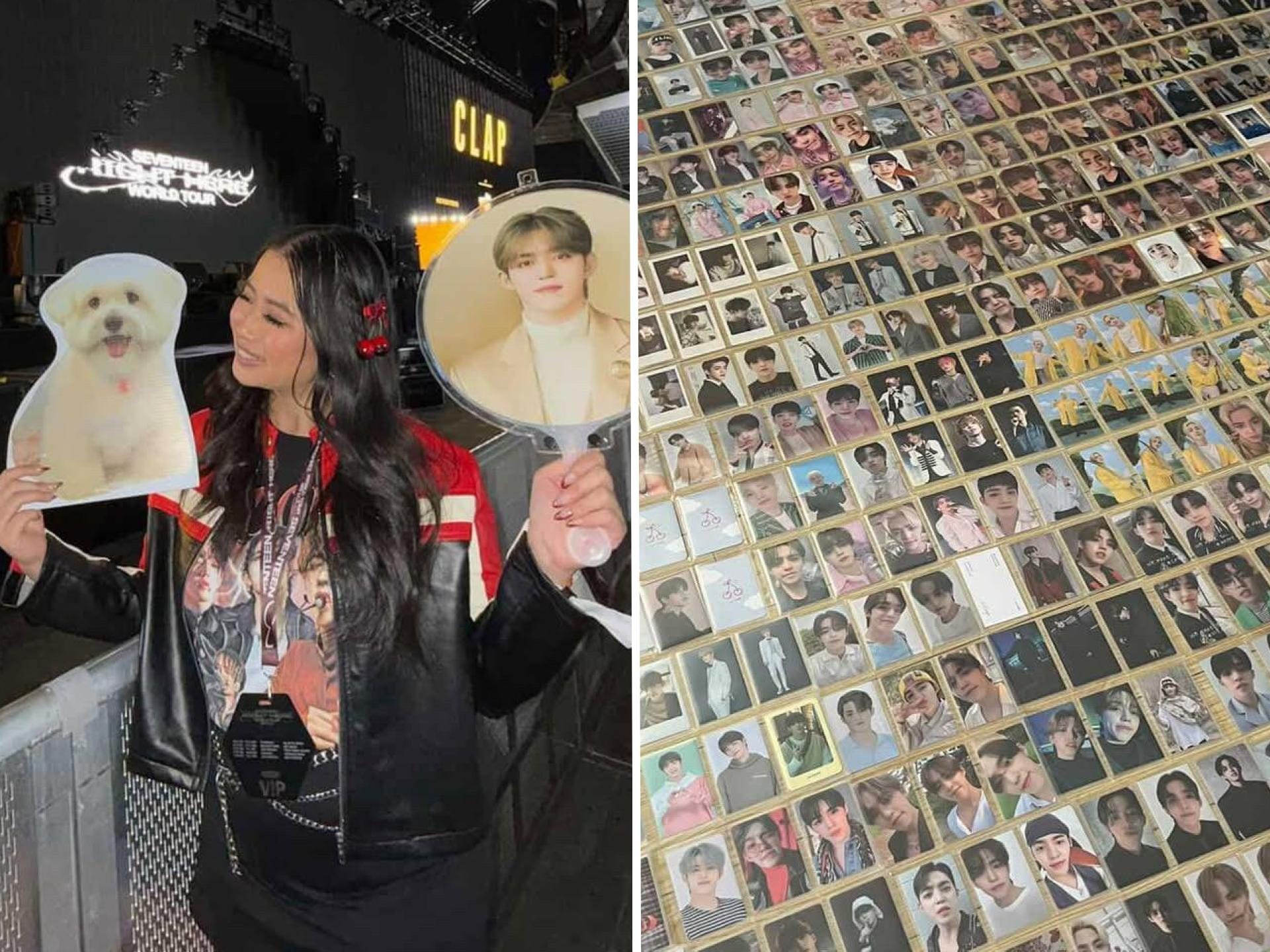 A composite image of Jackie Ko, 27, a Carat, and her personal photocard collection.
