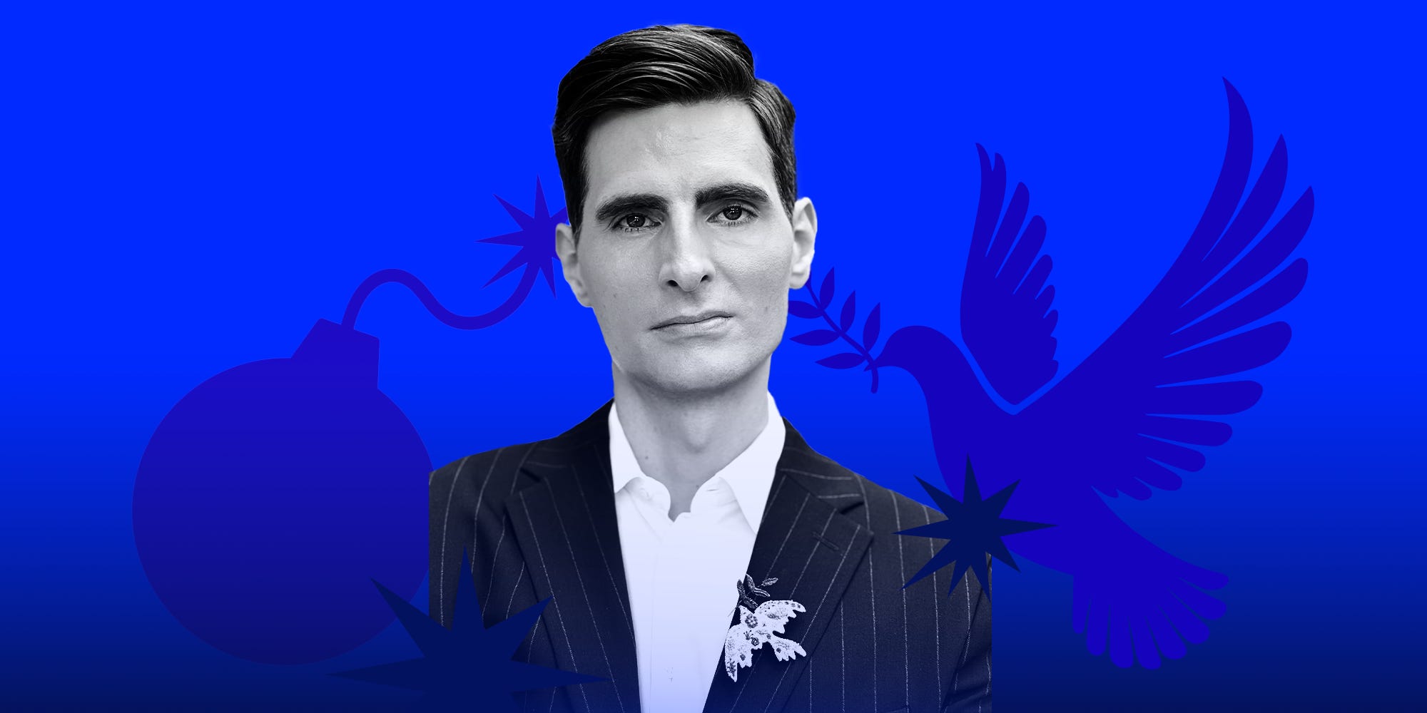 Cofounder Arvid Bell on a blue background with the peace dove on his right and a bomb on his left