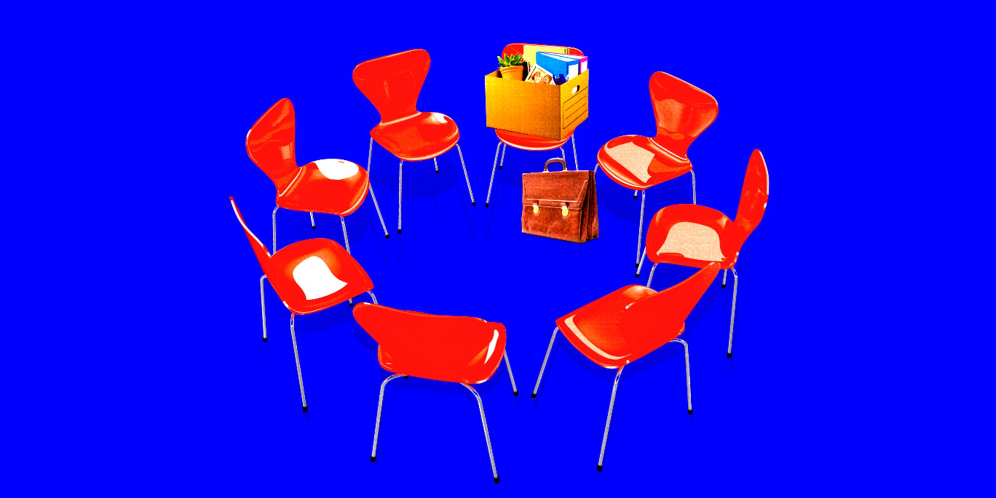 A box of work items and a briefcase in a circle of chairs.