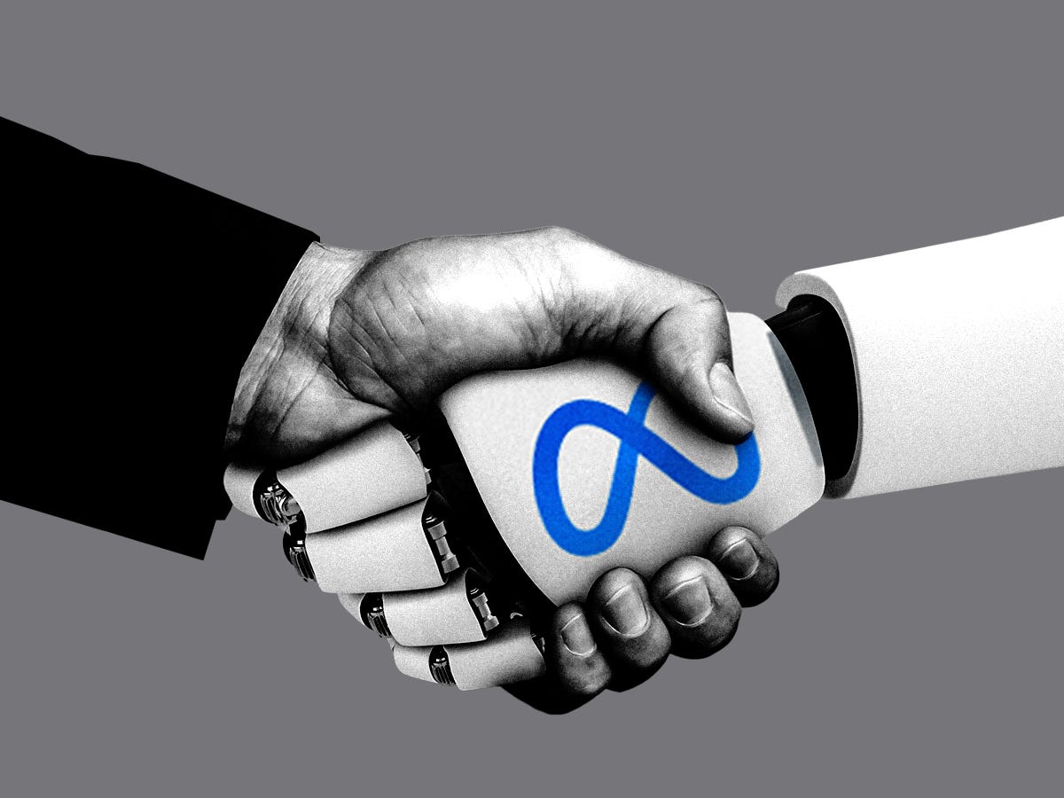 A business-suited hand shaking a robotic hand with the Meta logo on the back of its palm.