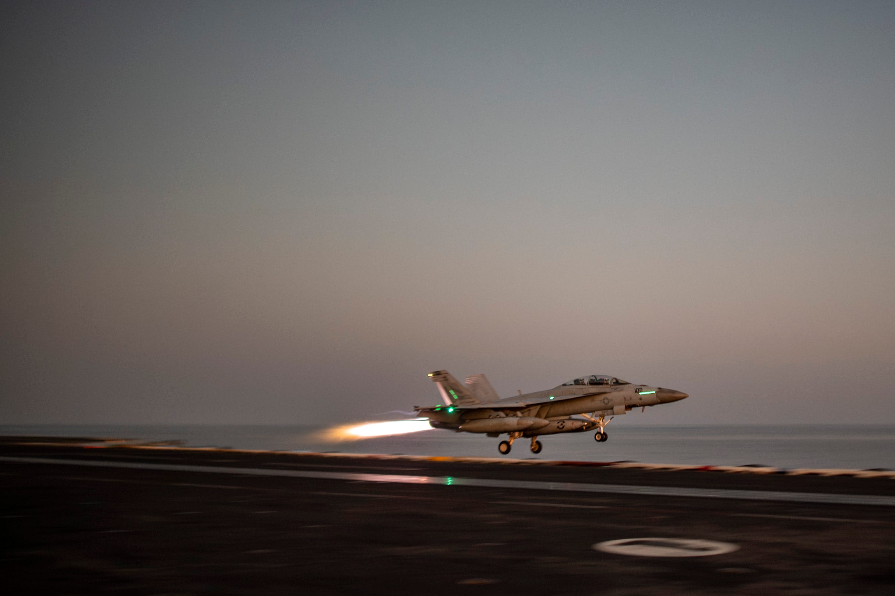F/A-18F Super Hornet, attached to Strike Fighter Squadron (VFA) 2, launches from the flight deck of the Nimitz-class aircraft carrier USS Carl Vinson (CVN 70) in the US Central Command area of responsibility.