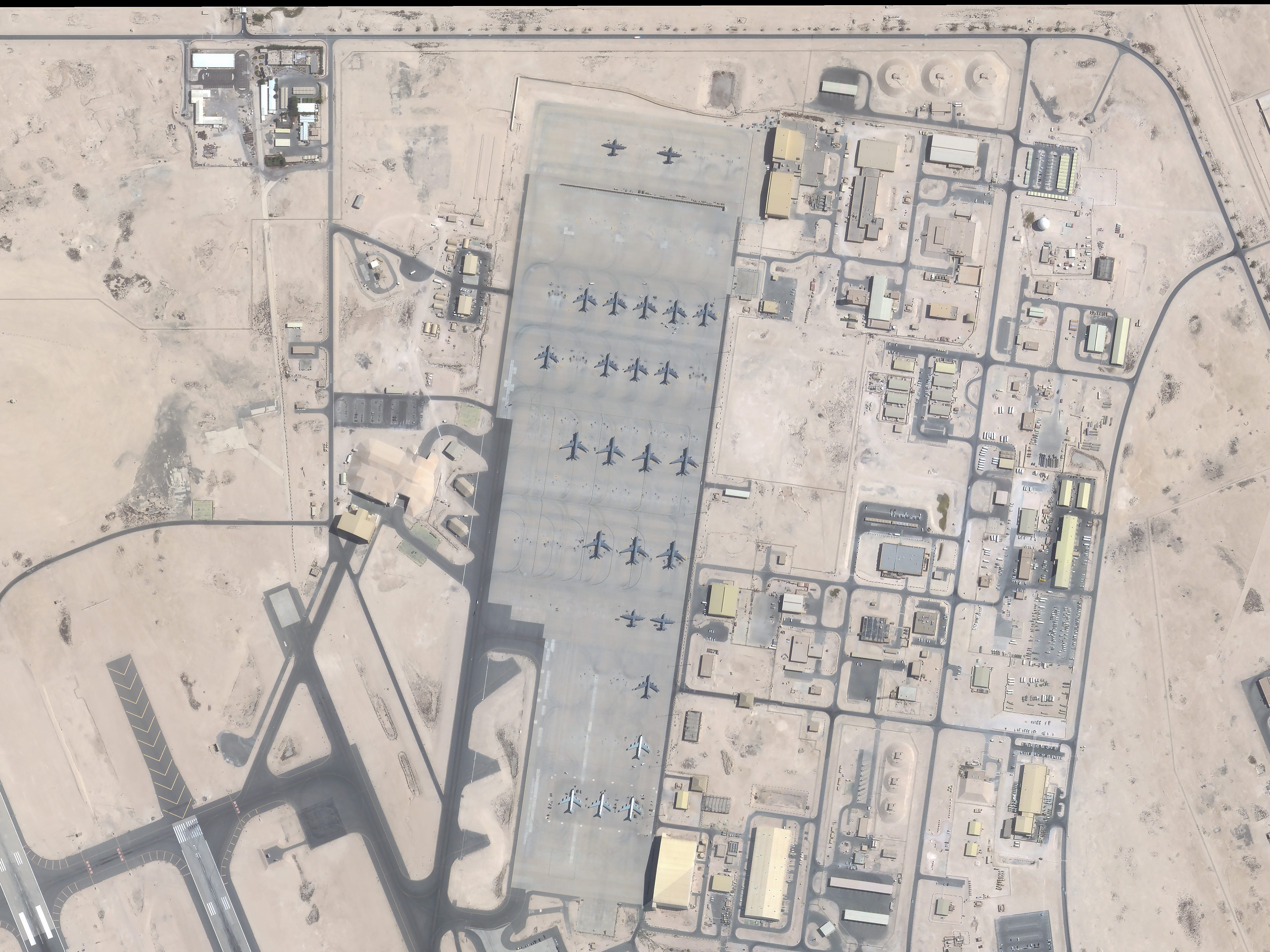 A June 5, 2025, satellite image shows dozens of aircraft parked at Al Udeid in Qatar