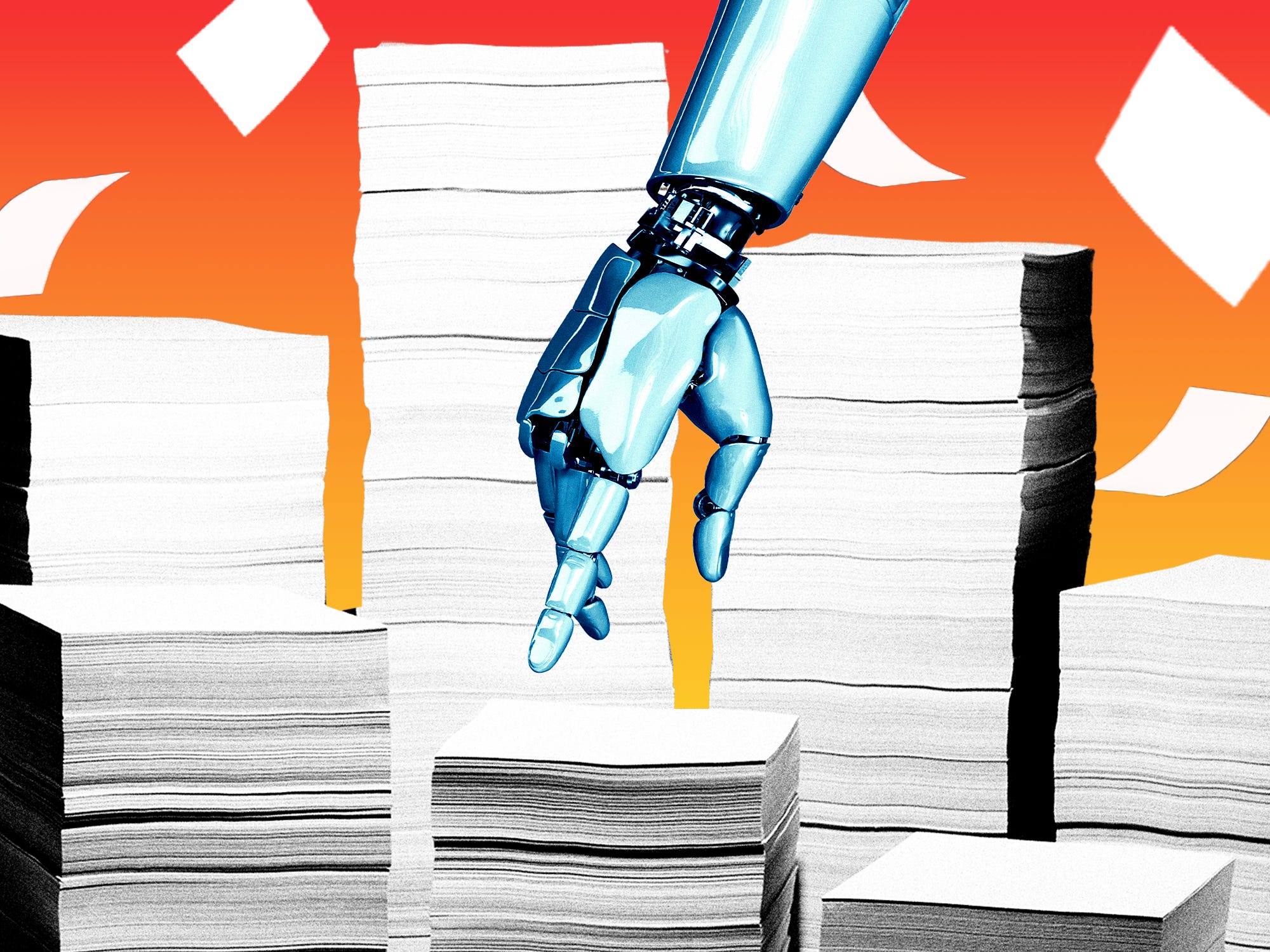 A robotic hand reaching for stacks of papers