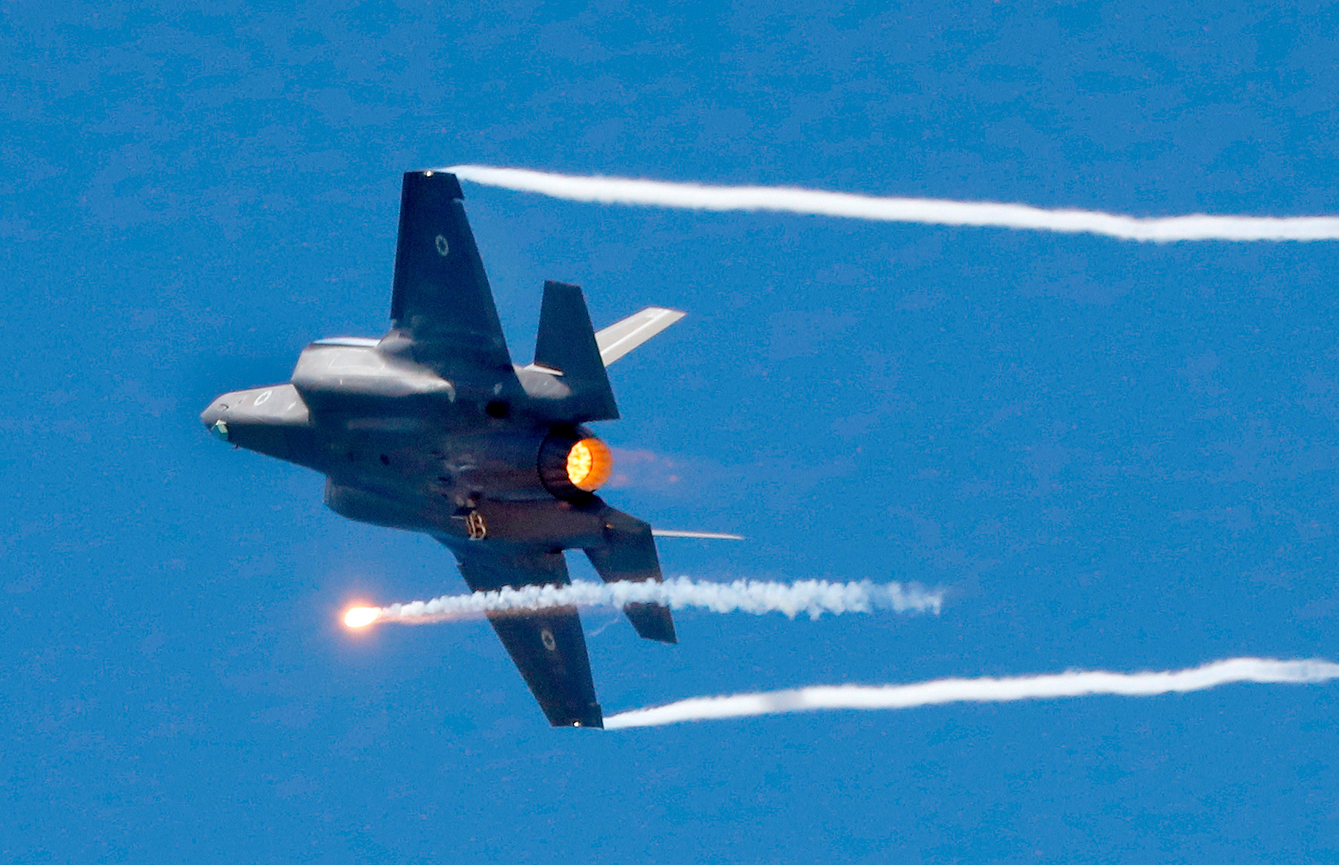 An Israeli F-35 performs during an airshow over the beach in Tel Aviv in May 2019.