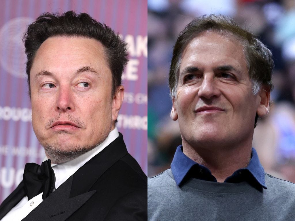 Elon Musk at the annual Breakthrough Prize ceremony; Mark Cuban attending a basketball game in Miami, Florida.