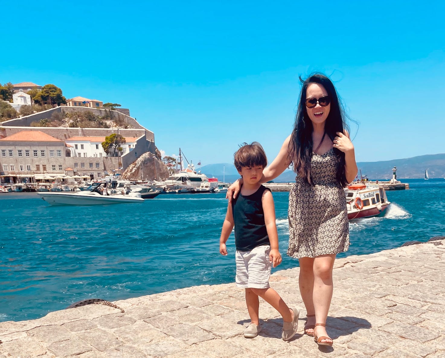 The writer and her son in Hydra.