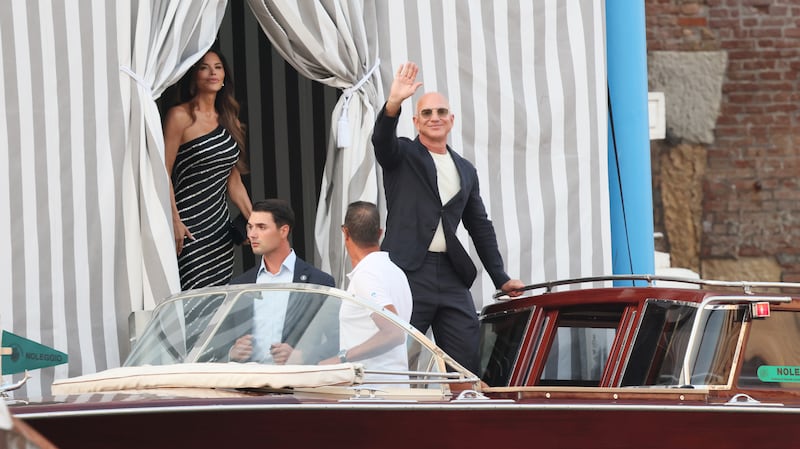 Jeff Bezos And Lauren Sanchez spotted in Venice on Wednesday ahead of their wedding.