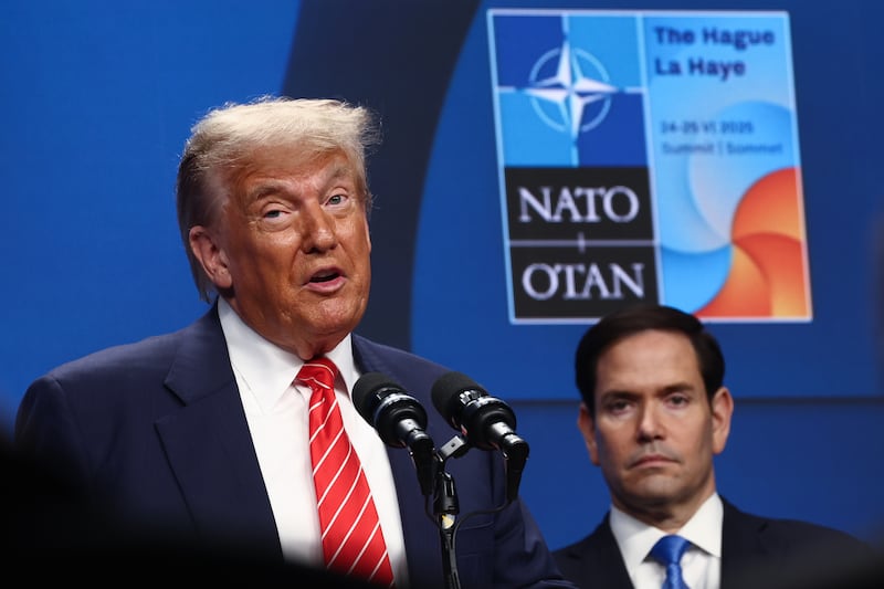 USA President Donald Trump and USA Secretary of State Marco Rubio during the press conference at the NATO Summit in The Hague, Netherlands on June 25, 2025. (Photo by Jakub Porzycki/NurPhoto via Getty Images)