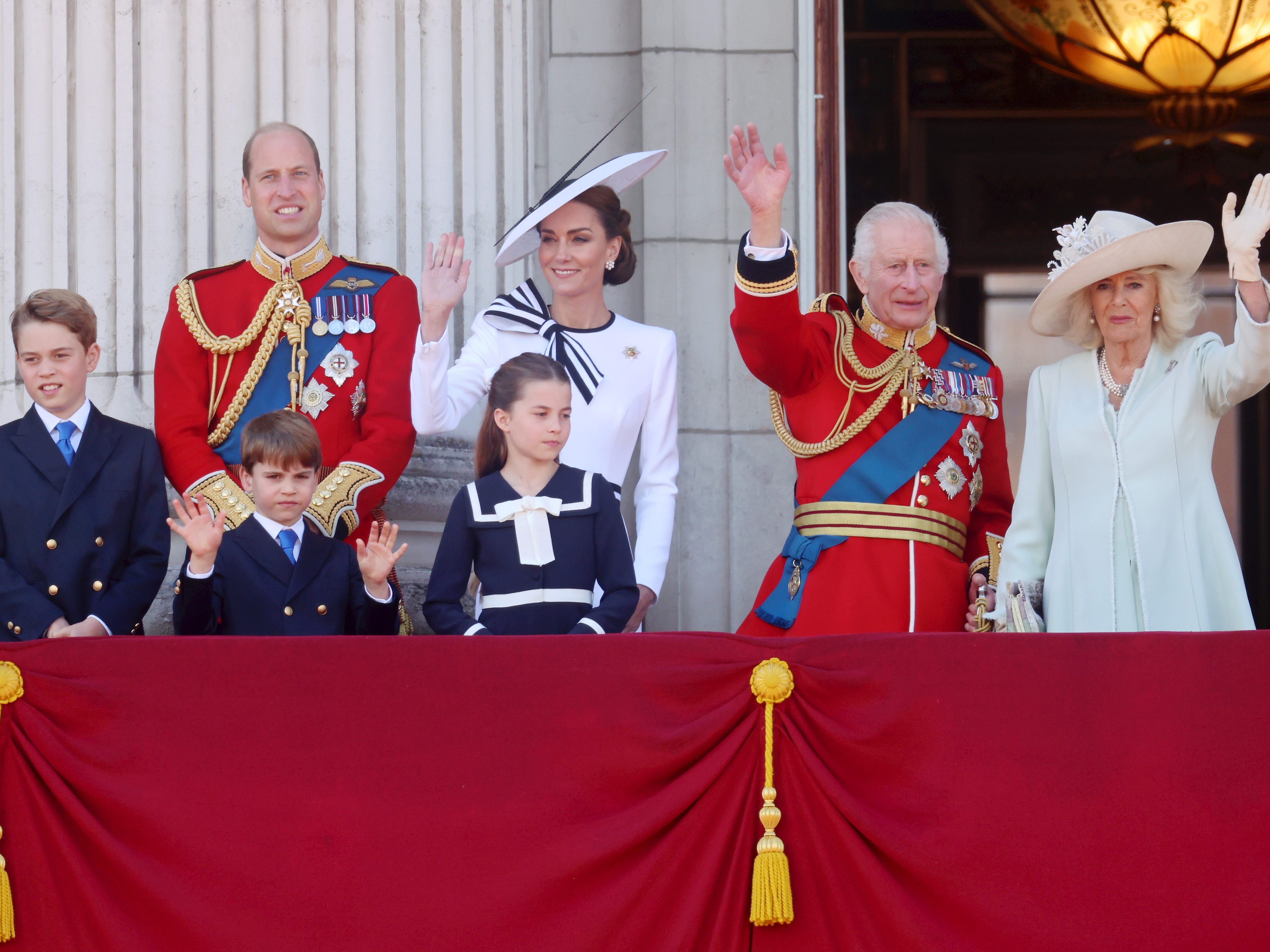 Prince George of Wales, Prince William, Prince of Wales, Prince Louis of Wales, Princess Charlotte of Wales, Catherine, Princess of Wales, King Charles III and Queen Camilla during Trooping the Colour at Buckingham Palace on June 15, 2024