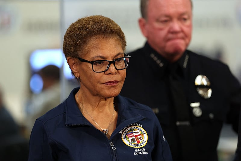 Los Angeles Mayor Karen Bass (L) looks on, flanked by Chief of the Los Angeles Police Department Jim McDonnell, during a press conference at the City of Los Angeles Emergency Operations Center on June 9, 2025, in response to protests over federal immigration operations.