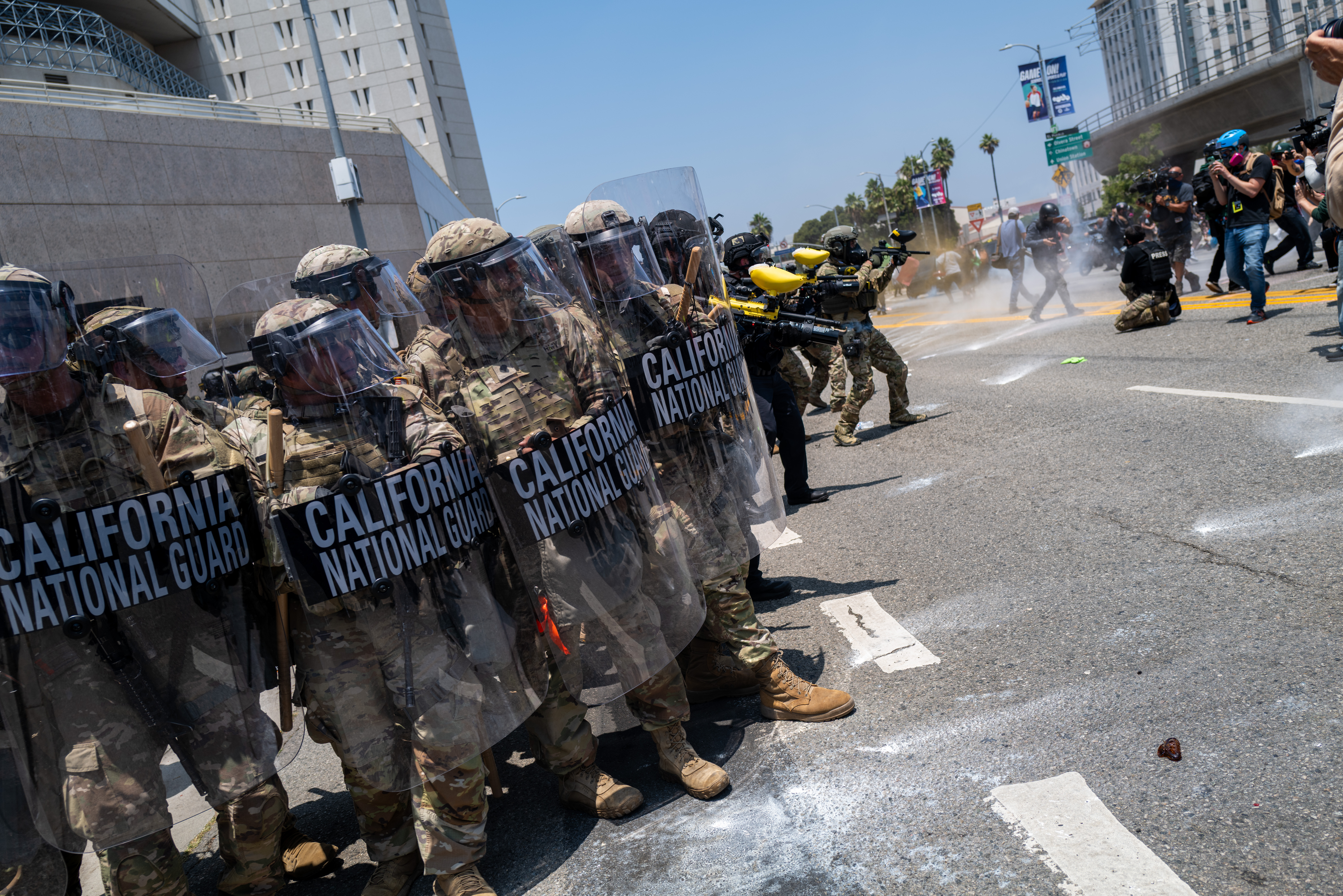 Demonstrators protest outside a downtown jail in Los Angeles following two days of clashes with police during a series of immigration raids on June 08, 2025 in Los Angeles, California.