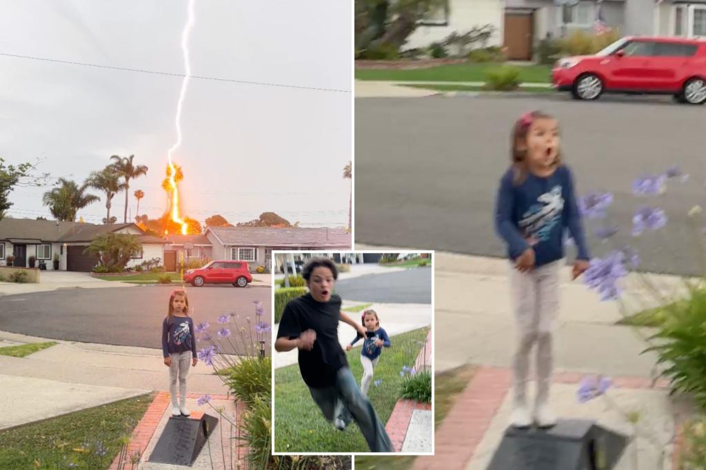 Lightning bolt strikes just behind child during California thunderstorms