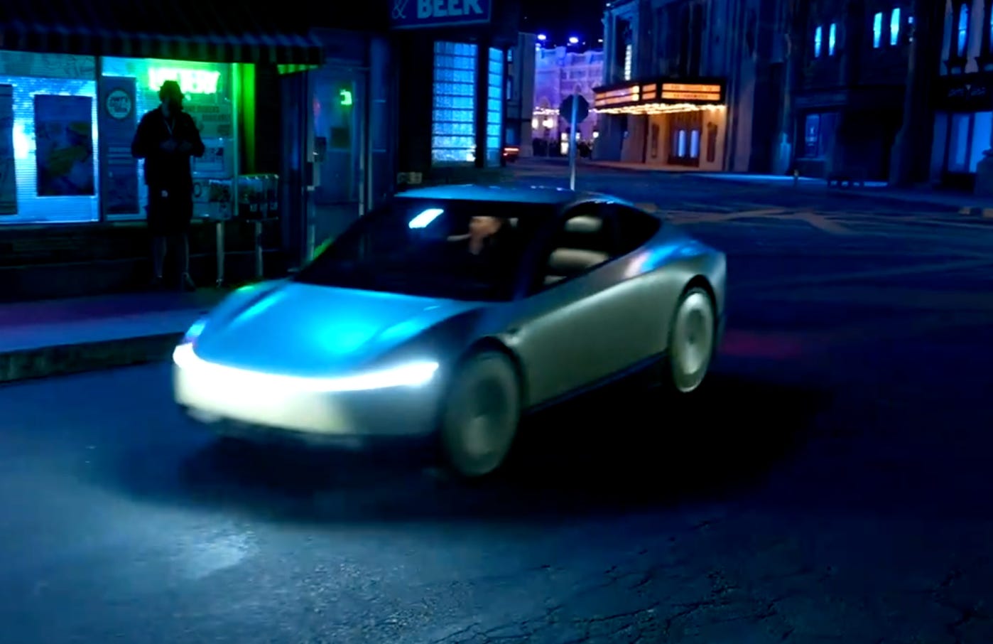 Tesla Robotaxi weaves through a set with Elon Musk inside