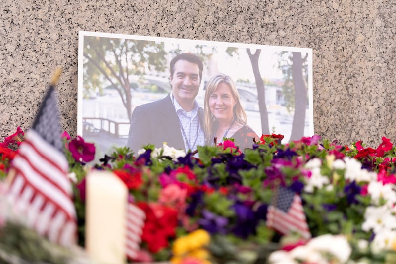 A memorial sits outside the Minnesota State Capitol in honor of murdered Democratic state assemblywoman Melissa Hortman and her husband Mark.