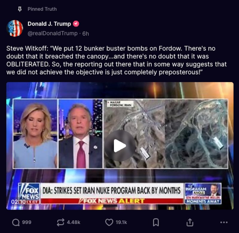 Trump shared and pinned a post with a clip of his Middle East envoy slamming the intelligence assessment on Fox News.