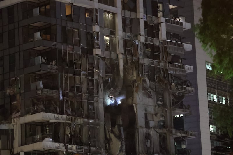 A view of the damage after one of the missiles fired by Iran in retaliation for the attacks hit very close to the Ministry of Defense in Tel Aviv, Israel on June 13, 2025.