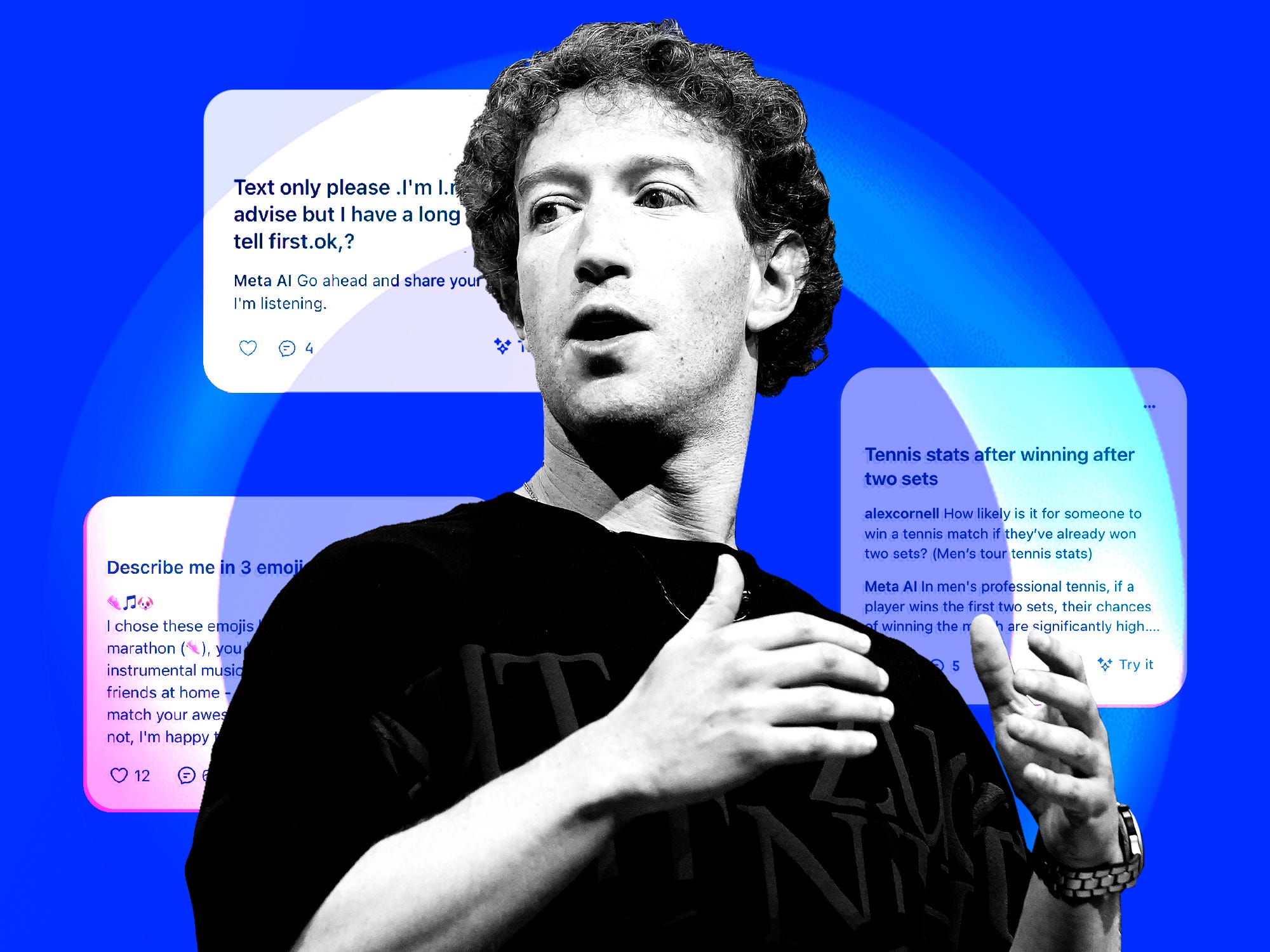 Mark Zuckerberg surrounded by the Meta AI Logo, and public feed messages of people's chats.