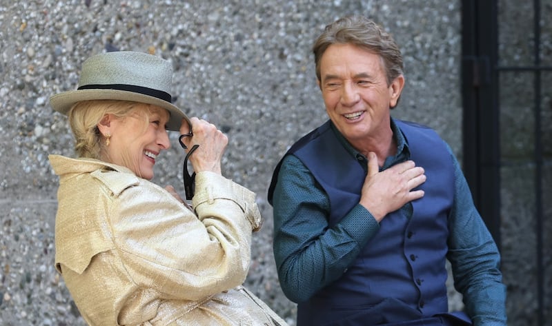 NEW YORK, NY - MAY 07: Meryl Streep and Martin Short are seen on the set of "Only Murders in the Building" on May 07, 2025 in the Queens borough of New York City. (Photo by Jose Perez/Bauer-Griffin/GC Images)