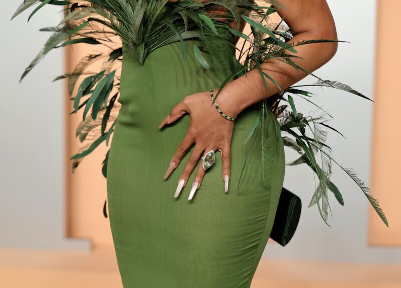BEVERLY HILLS, CALIFORNIA - MARCH 02: Megan Thee Stallion, ring, manicure, and fashion detail, attends the 2025 Vanity Fair Oscar Party Hosted By Radhika Jones at Wallis Annenberg Center for the Performing Arts on March 02, 2025 in Beverly Hills, California. (Photo by Dia Dipasupil/FilmMagic)