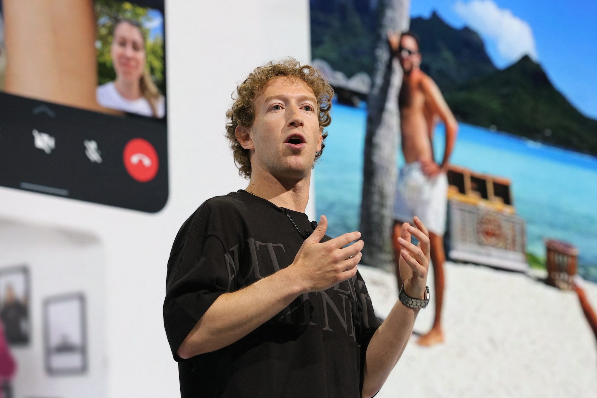 Mark Zuckerberg gestures while delivering a keynote speech at the Meta Connect event.