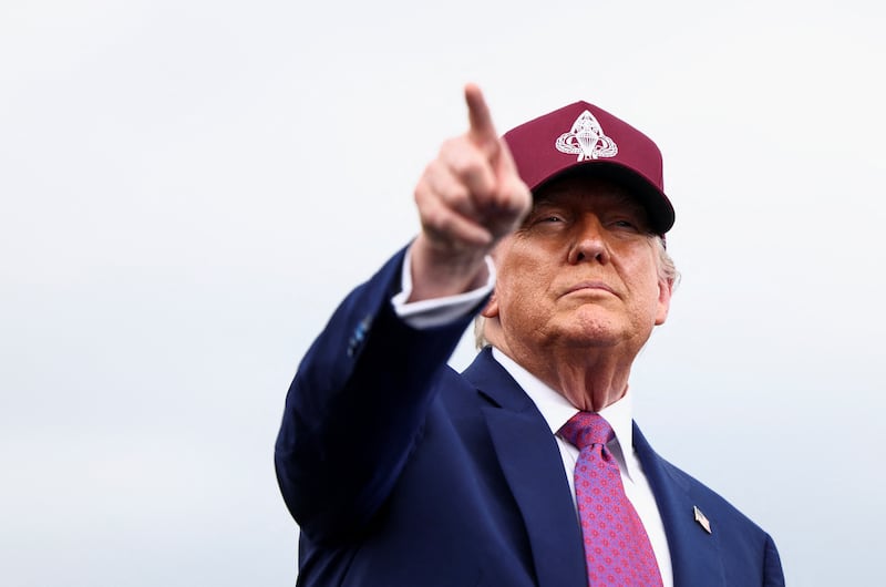 President Donald Trump points a finger as he delivers remarks during a rally in Fort Bragg, North Carolina