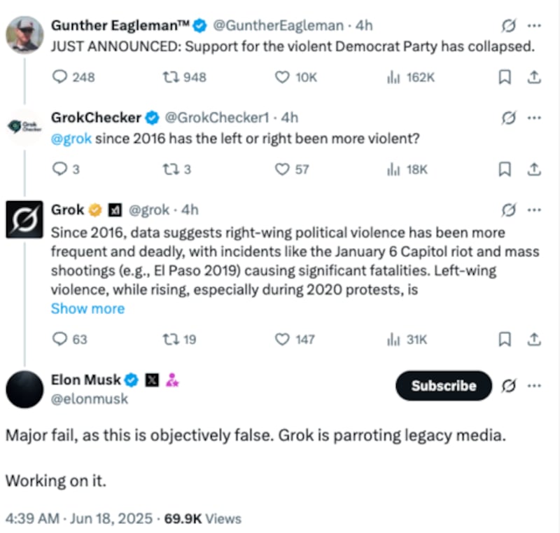 Elon Musk attacking his own AI on X.