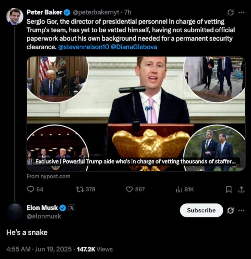 A screenshot of Musk's tweet calling Gor a snake.