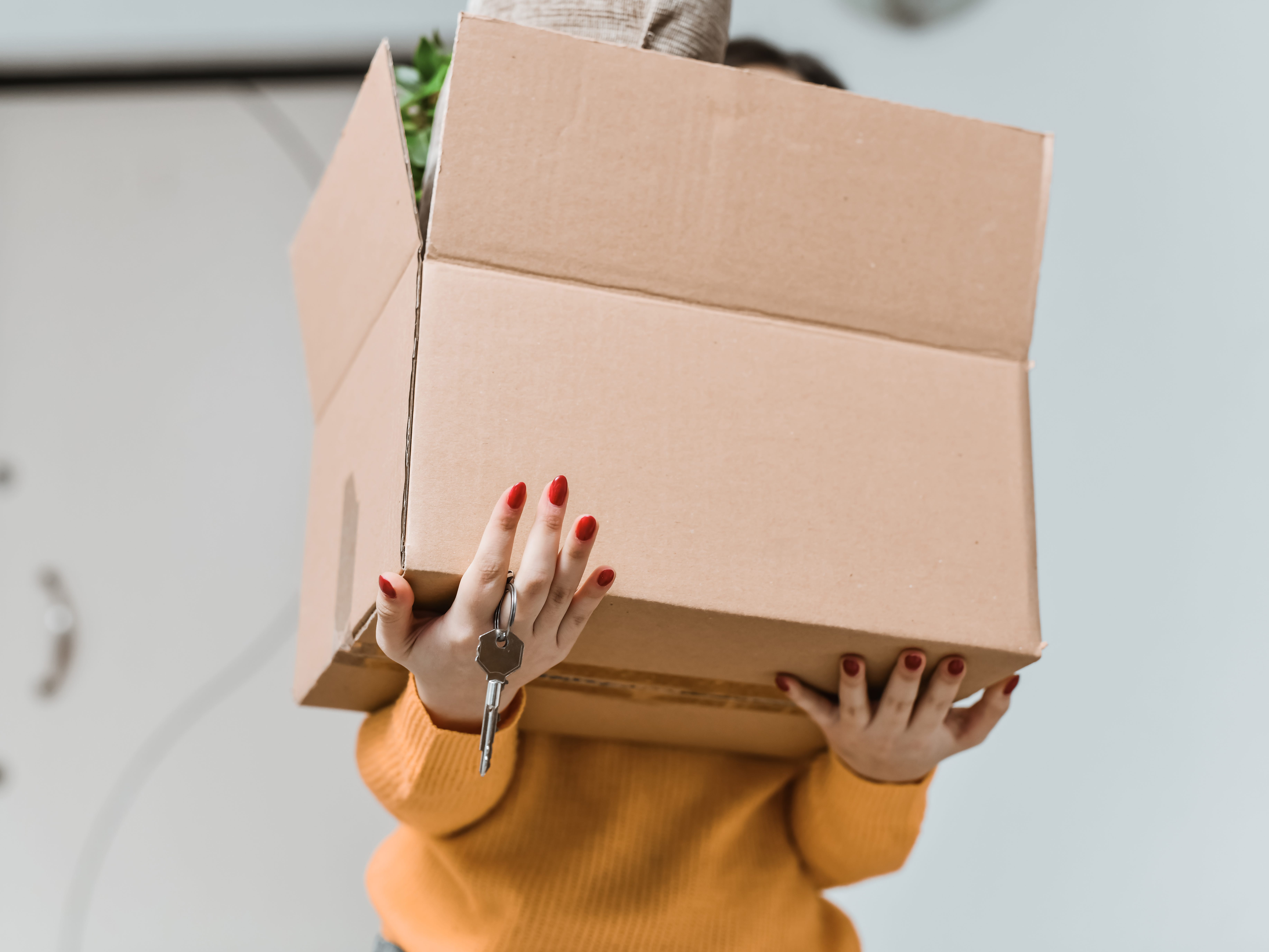 a person holding a moving box up to her face