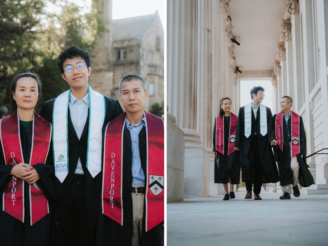 Brian Zhang and his parents at Yale dressed in graduation gowns