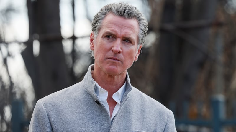 Altadena, CA - February 11: Governor Gavin Newsom attends a press conference at Odyssey Charter School as work begins to remove debris from the Eaton Fire in Altadena, CA. (Juliana Yamada / Los Angeles Times via Getty Images)